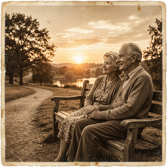 Elderly couple holding hands on park bench