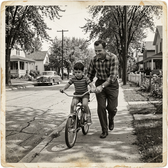 Father teaching son to ride a bicycle