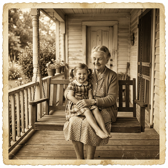 Grandmother with grandchild on porch swing