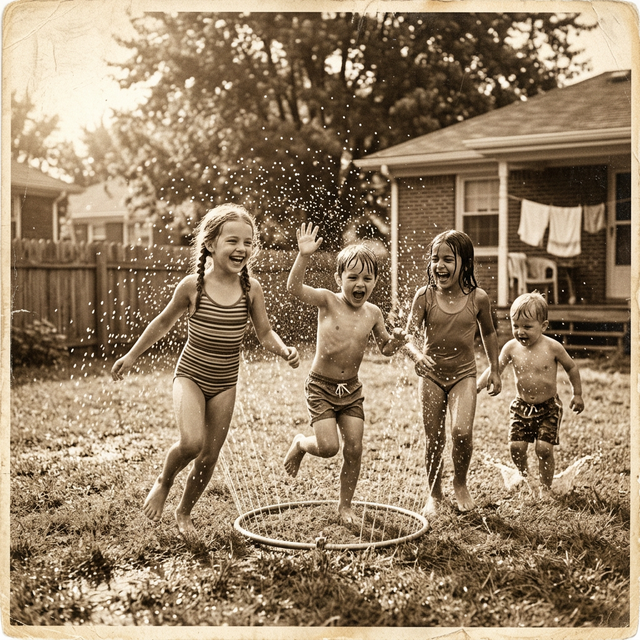 Children playing in backyard sprinkler