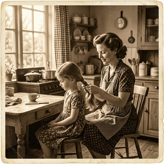Mother braiding daughters hair in kitchen